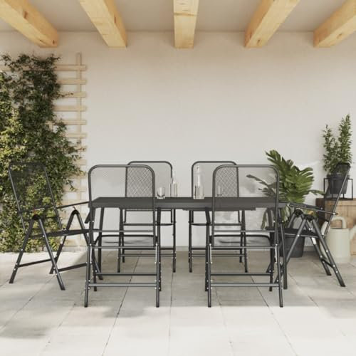 Gecheer 7-TLG. Garten Essgruppe, Terrassenmöbel Set 6 Personen, Sitzgruppe, Esstisch & Stühle, Gartenmöbel Set, Mesh-Design, Anthrazit Streckgitter