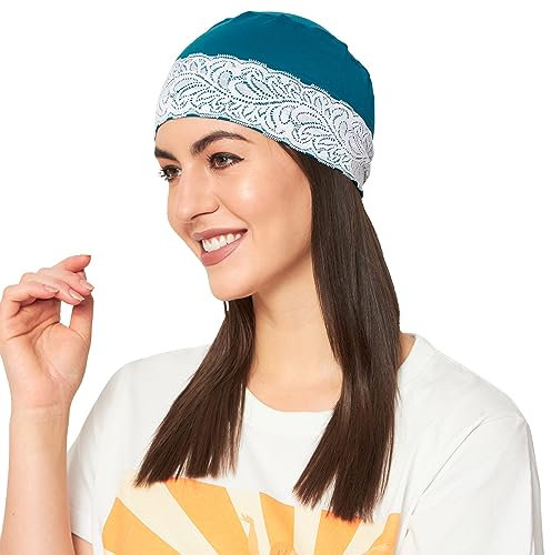 SAKUCHI Luxuriöse Schlafmütze für Damen, Bambus, Spitze, freie Größe, Chemo, Haarausfall, Kopfbedeckung, Blaugrün/Ein Hauch von Paradies (Trace of Paradise), Einheitsgröße