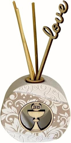 Regalami. Shop Bonbonnière parfumée 7 x 6 cm en pierre blanche avec boîte, dragées, essence à la lavande, ruban et carte personnalisée (1, première communion)