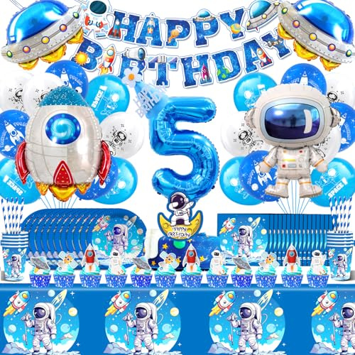 Astronaut födelsedagsdekoration pojkar flickor 5 år, rymden barns födelsedagskalas dekoration 103 st, raket rymdfest ballonger, rymdballonger 5, rymden festservis set med servetter papperstallrik
