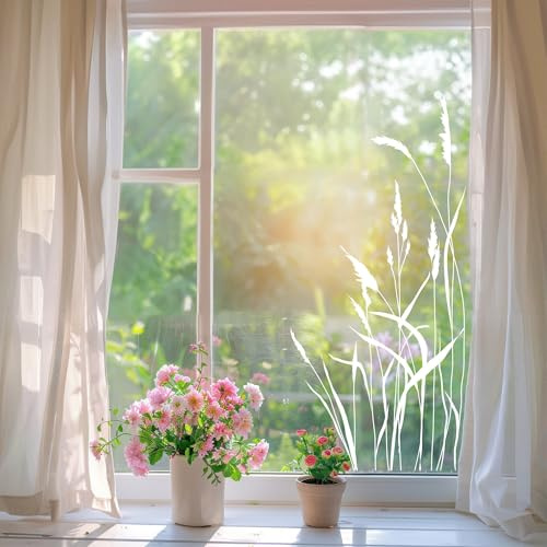 Wandtattoo Loft Fensterbild weißes Schilf Zweige Gräser Rahmen wiederverwendbar natur Fensteraufkleber Fensterdekoration Frühling Terrassentür, A3 Bogen