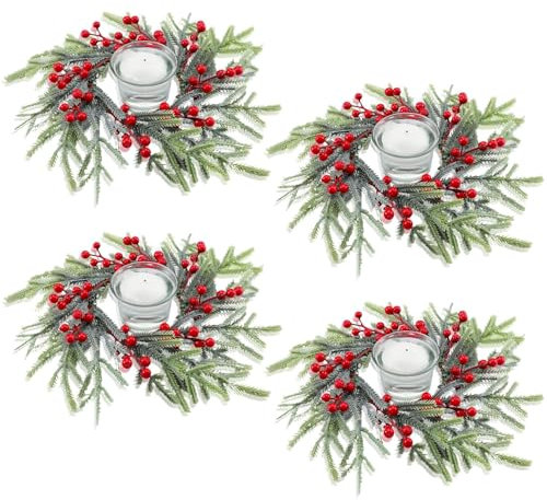 KAHEIGN 8Pcs Christmas Candle Rings, 21CM Artificial Red Berries Wreath Snowy Norfolk Pine Needles Candle Holder for Pillars Rustic Wedding Centerpiece Front Door Christmas Table Party Decoration