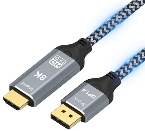 Reagle Cable DisplayPort a HDMI – 8 K @ 60 Hz, 4 K @ 144 Hz, HDR, 3D Surround, Plug & Play – Nailon trenzado de alta calidad, conectores dorados, transmisión unilateral – Perfecto para juegos y cine