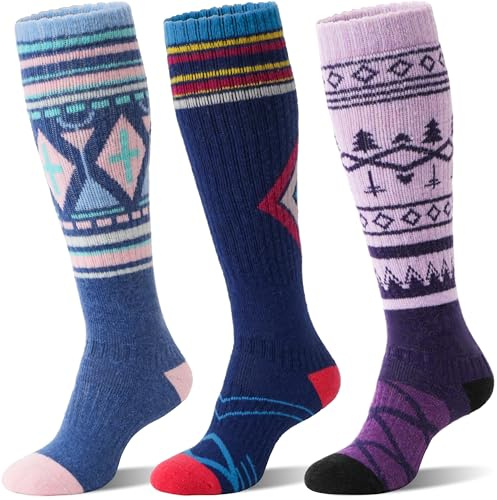 Sandsuced Calcetines de Esquí de Lana Merino para Hombres y Mujeres Termales Calientes Gruesos Altos a la Rodilla Para Esquí y Snowboard en Clima Frío 3 Pares Regalo(Nórdico, M)