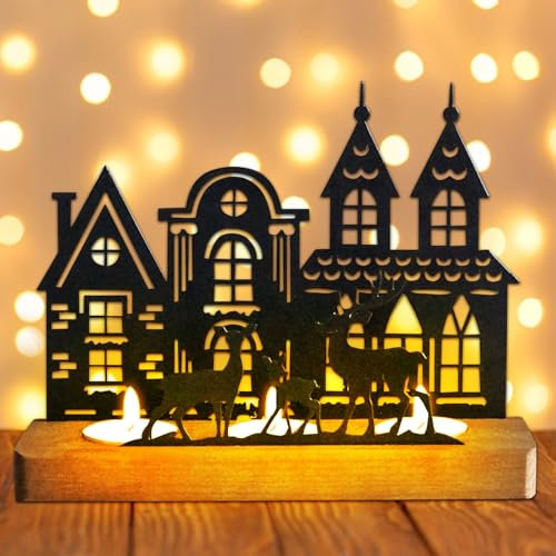 Advent Kerzenhalter Adventskranz Modern, Adventskranz Teelichthalter, Kerzenständer Weihnachten Kerzentablett Metall mit Holz Haltern, Adventsgesteck, Weihnachtsdeko Kerzen Tisch Adventsdeko (C)