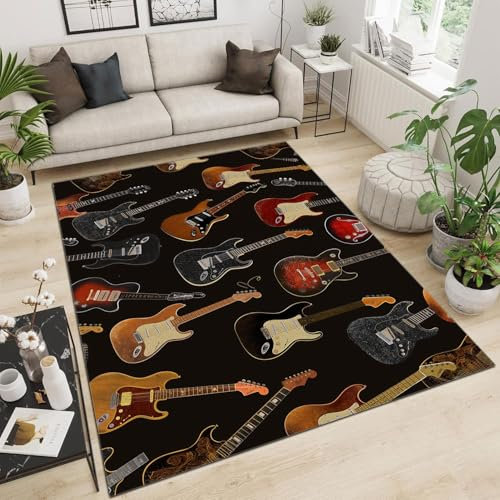 Teppich Verschiedene E-Gitarren Büro Modern Design Maschinell Hergestellt 160 x 230 cm Teppich Wohnzimmer, Vintage Schlafzimmer, Antibakteriell Antirutschunterlage Schwarz Gelb