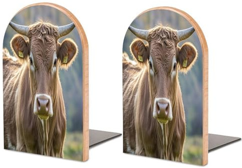 Buchstützen aus Holz, Kuh-Druck, Schreibtisch-Buchstützen, dekoratives Bücherregal, robuste Buchstütze aus Holz (1 Paar)
