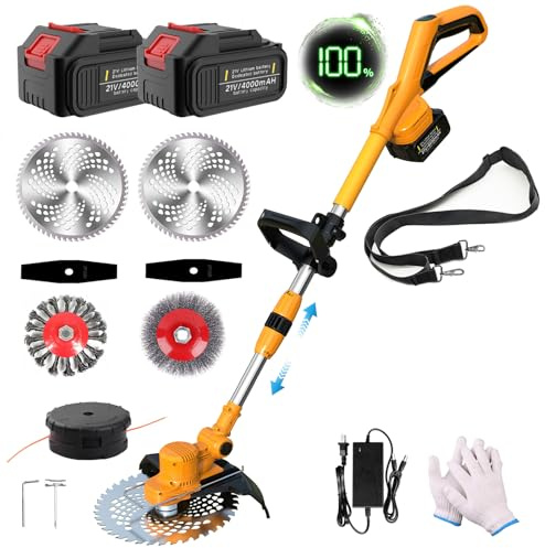 Decespugliatore a batteria da 21 V, tosaerba a spazzola per erbacce con 2 tagliabordi da 4,0 Ah con batteria, trimmer elettrico, manubrio telescopico regolabile per giardino, cortile