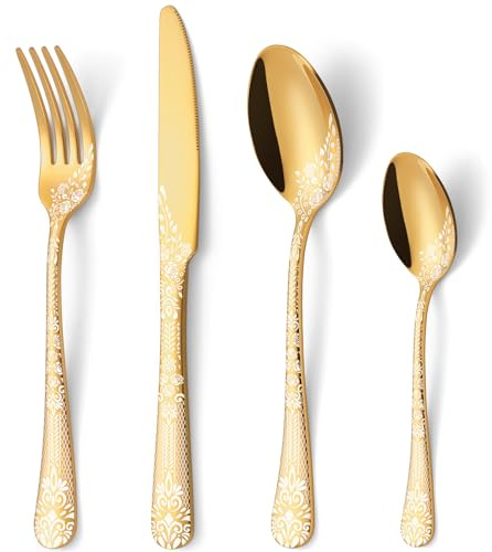 HONKKU 32 Pieces Cutlery Set Gold for 8 People, Stainless Steel Knife and Fork Set with Laser Flower Pattern, Mirror Polished Silverware Set Ideal for Home Party Restaurant, Dishwasher Safe