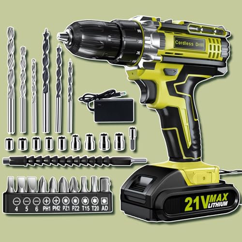 Drill, Cordless Drill and Screwdriver Set, 2.0Ah 3/8 Inch Chuck 370 in-lbs, 25+1 Electric Screwdriver Rechargeable, 2 Speed Power Combi Battery Drills Tool Set 27 Accessories for Home Repair DIY Gift