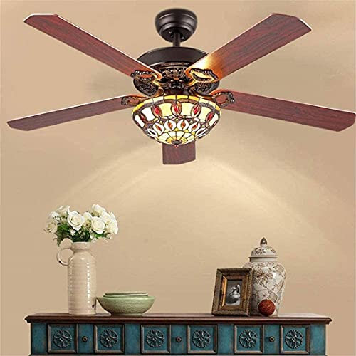 USMCPQVXN Fan Chandelier, 52 inch Retro Ceiling Fan with Lamp E27 Remote Control Quiet Wood Blades Chandelier Fan Ceiling Light