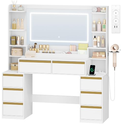HEXCELEN Sminkbord med Spegel, Sminkbord, Justerbara 3-Färgade LED-lampor, Sminkbords med Kontakt, Hårtorkhållare, 8 Lådor, Öppna Förvaringsutrymmen, 40 x 135 x 145,2 cm, Modernt, Vit-Guld | Sminkbord, sminkbord med praktiska uttag, 8 lådor, öppna hyllor bord