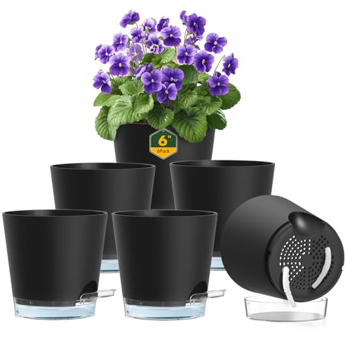 Meowell 6 inch Self Watering Pots for Indoor Outdoor Plants, 6 Pack Flower Plant Pots with Drainage Holes and Clear Reservoirs, Visible Water Level, Plastic Planters with Wicking Rope, Black