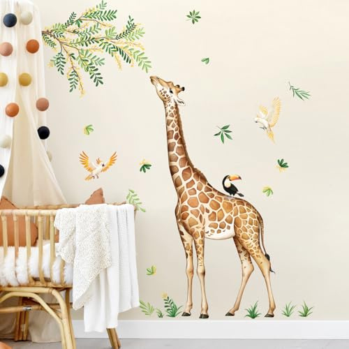 Tanlaby Wandtattoo Dschungel Tiere Giraffe Safari Waldtiere Wandsticker | Tropische Blätter für Kinderzimmer Babyzimmer Jungen Mädchen Schlafzimmer Wanddeko