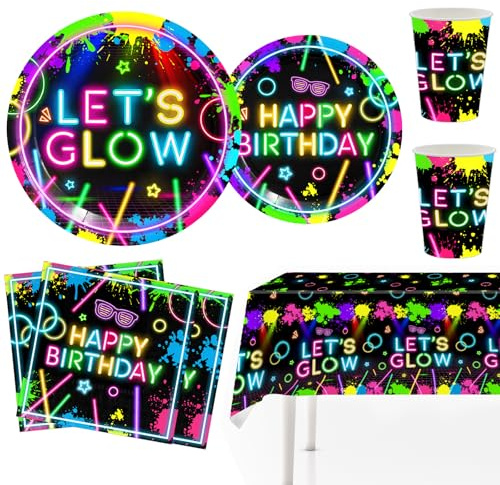 MORAINJAY 51 Pcs Neon Party Decorations, Glow Tableware Set, Fluorescent Paper Plates, Cups, Napkins, for Kids and Teens Glow Dark Party Table Supplies Decorations (10 Guests)