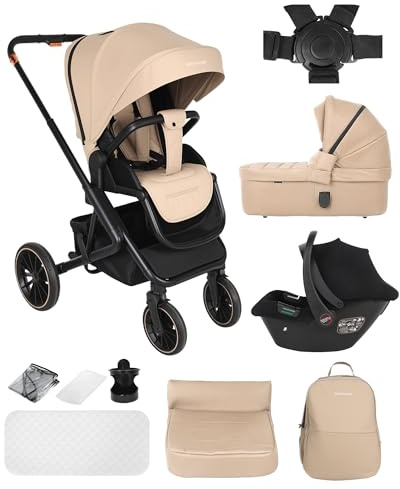 BabyVoyage 3 in 1 Kinderwagen 0-48 Monate, Buggy mit Zwei Umkehrbaren Schiebemodi, Rahmen Aluminiumlegierung, Zusammenklappbargleiten, Vollfederung, 5 Punkt Sicherheitsgurt Kinderwagen, Zubehör-Khaki