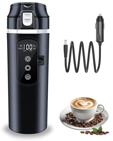 Car Kettle 12V/24V Kettle for Car, Travel Kettle Car with Cigarette Lighte and LCD Display Adjustable Temperature, Automatic switch off, 500ml Electric Heating Cup for Cars and Trucks (500ml)