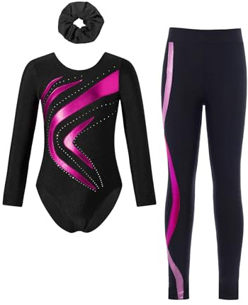 Sinleey 3 Teiliges Gymnastikset Langarm Gymnastikanzug Turnanzug mit Hose Leggings und Haarband Sportanzug Tanz Eiskunstlauf