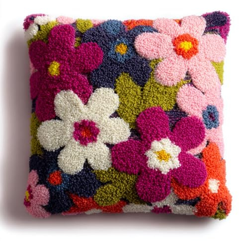 Henypt Kit Point Noué Coussin, fleurs Crochet de Verrouillage Kits de Coussins avec Crochet, Tapis Point Noué à Faire, Coussin au Point Noué 43x43cm