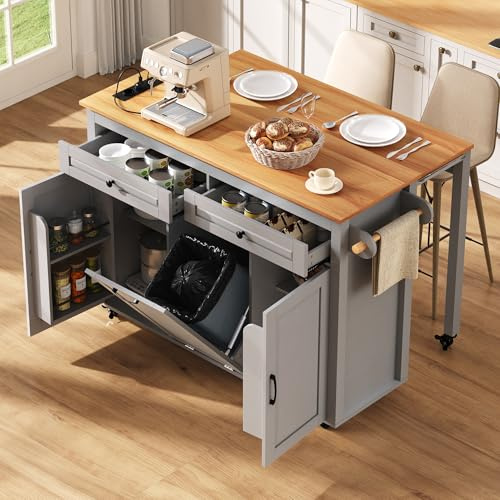 îlot Central sur Roulettes 120× 40-75 × 92cm, Grande Table de Cuisine Mobile, avec Plan de Travail Pliable, 2 Tiroirs, 2 Portes avec Rangement avec Étagère Range, avec Compartiment Poubelle (Gris)