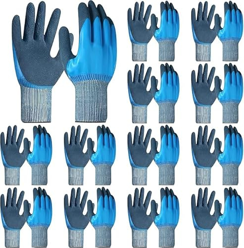 HFZCV 12 Paar Wasserdichte Arbeitshandschuhe XL, Rutschfeste Latex Handschuhe mit Doppelschicht, Robuste Gartenhandschuhe für Bau, Reinigung, Auto und Haushalt, Blau