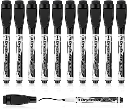 Autoau Whiteboard Marker, 10 Stück Whiteboard Stifte Magnetisch, Schwarz Folienstift Abwischbar Fein Stifte mit Radiergummi, Dry Erase Marker Set für Zuhause Schule Büro usw