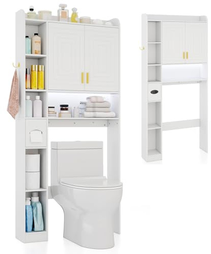 GOPLUS Meuble Salle de Bain avec LED, Meuble WC Dessus de Toilette ou Machine à Laver, Armoire Salle de Bain avec 2 Portes, 7 Compartiments Ouverts, Étagère Réglable, 80x20x171cm (Blanc)