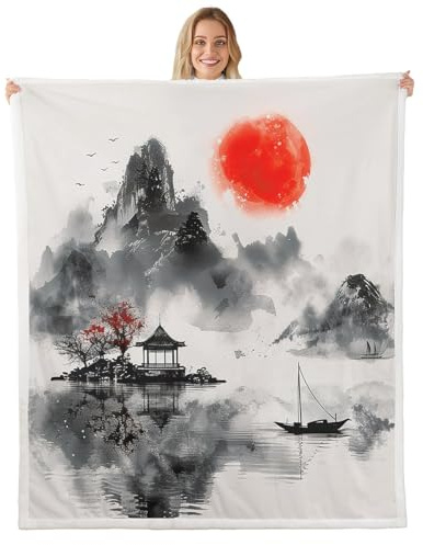 60×50 in Japan Themed Sunset Pavilion Sherpa Blanket - Ultra Soft Landscape Fleece Throw for Kids Women Men, Bed Sofa Couch Use