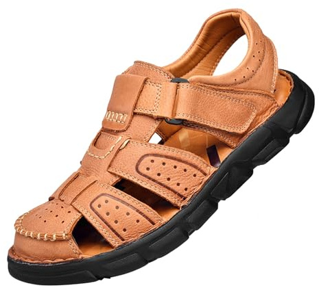Lädersandaler för män huvudlager oxläder utomhuskläder Baotou strandskor män andningsbara herrskor bergskor, kaki, 48 EU bred