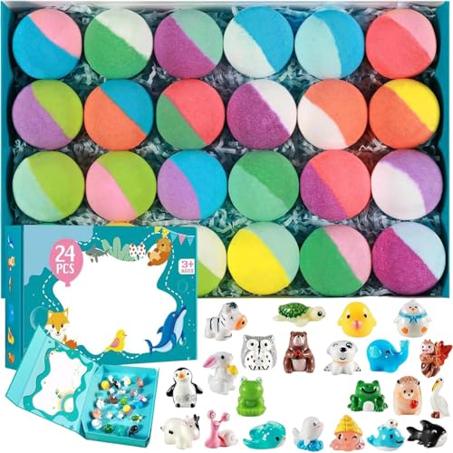 Badebomben Kinder Set mit 24 bunten Badekugeln, Badebomben Kinder mit Überraschung Tier-Spielzeug, Natürlicher Badespaß für Kleinkinder, Ideales Geschenkset für Jungen und Mädchen ab 3 Jahren
