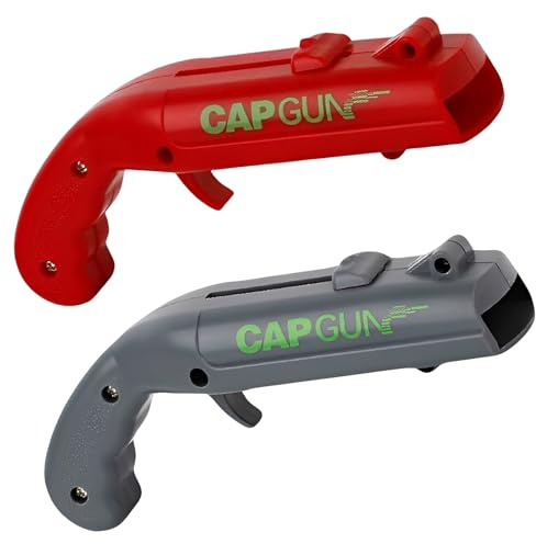 WUMZIRA Abrebotellas Pistola [Pack de 2], Lanzador de Chapas de Cerveza Original, Abridor de Botellas Creativo para Fiestas y Juegos de Beber, Gadgets Divertidos (Rojo y Gris)