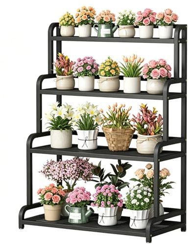 DMCHENGMA Supporto per piante con scala in metallo nero a 4 livelli | Scaffale espositivo per vasi da fiori in ferro battuto resistente per interni, esterni, giardino e balcone(50x50x135cm)