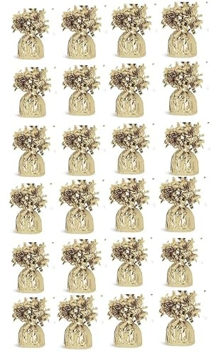 Pack of 6, 12 & 24 Heavy Balloon Weights (5cm x 13cm / Helium Latex Balloon Weight Fountain Table Floor Tassle Cone Birthday Party Accessory with Ribbon Roll (Gold, 24 Qty)