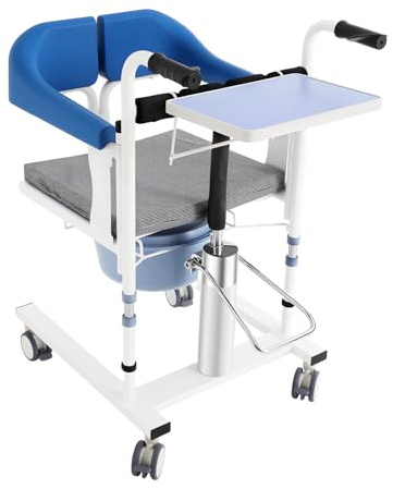 Elevador de pacientes hidráulico para el hogar | Elevador de silla de ruedas de transferencia multifuncional | Silla de inodoro ajustable con frenos de ruedas, pala y almohada, hasta 100 kg