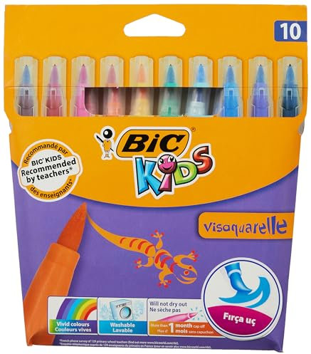 BIC Kids Filzstifte Visaquarelle, Fasermaler zum Malen in 10 auswaschbaren Farben, mit flexibler Pinselspitze, im Karton Etui, mit Austrocknungsschutz