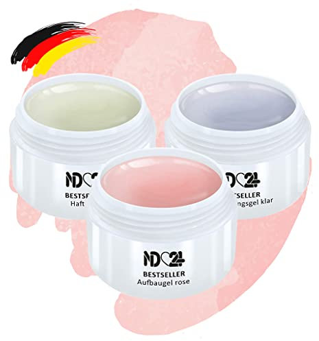 ND 24 Naildesign® Aufbaugel für Gelnägel (3 x 5ml) inkl. Haftgel und Versiegelungsgel - geeignet für UV, Nail Gel made in Germany - 3er Set Gel Builder - professionelles Nagel Aufbaugel in 3 Phasen