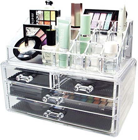 Taylor & Brown Clear Acrylic Makeup Organiser Storage Stand for Cosmetics, Nail Polish, Varnish, Stationary, Arts and Crafts, Makeup Brush Set Holder, Jewellery - 20 Sections with 4 Drawers