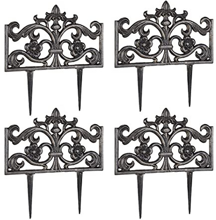 Relaxdays 4er Set Beetzaun Gusseisen, mit Erdspieß, einfaches Stecksystem, Zierzaun, nostalgisch, H x B x T 37 x 36 x 2 cm, Bronze