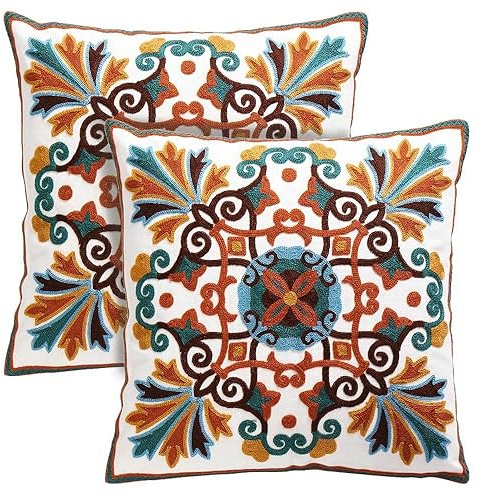 Oneslong Throw Pillow Covers for Couch 18x18 inches Set of 2 Embroidered Pattern Decorative Pillows Case Cover for Living Room Sofa Bed Chair