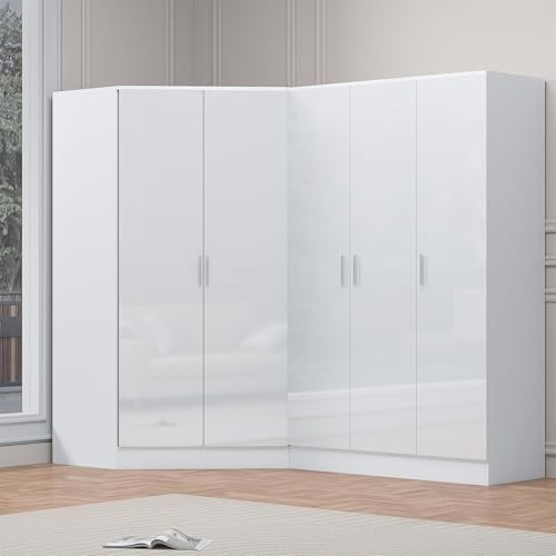 Reflect 2 Piece Wardrobe Bundle | 2 Door Corner + 3 Door Plain | White Gloss & Matt White Finish | H: 180cm x W: 215cm x D: 103cm | Modern Bedroom Furniture Storage Solution
