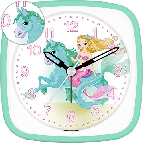 Eurotime 2703604 Despertador para niña con caballo de sirena, color menta y blanco, despertador infantil, carcasa de plástico y cristal de plástico, silencioso, sin tictac, con luz y repetición