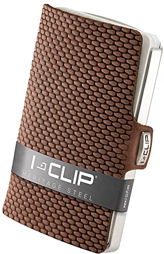 I-CLIP Edelstahl Geldbeutel mit austauschbarer Geldklammer - Slim Wallet - Leder Geldbörse - Premium Portemonnaie - Edelstahl Kartenetui - Milanaise satiniert Eiche Braun