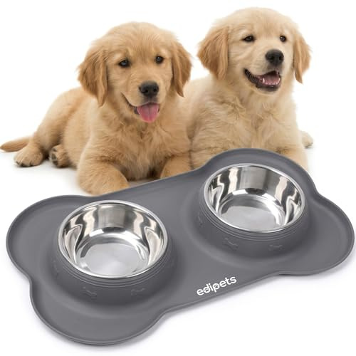 Edipets, Ciotole per Cani Gatti, Doppio Piatto Estraibile in Acciaio Inox, Base in Silicone Antiscivolo, Cibo e Acqua (Grigio - 480gr)