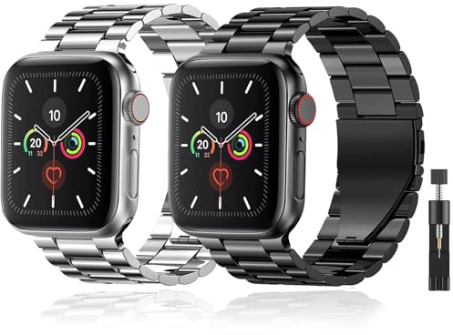 baklon Pack 2 Metal Strap Compatible with Apple Watch Strap 38/40/41/42mm, Replacement Wristband Compatible with iWatch Series Ultra SE 3 2 1 Series 11 10 9 8 7 6 5 4,Black Silver