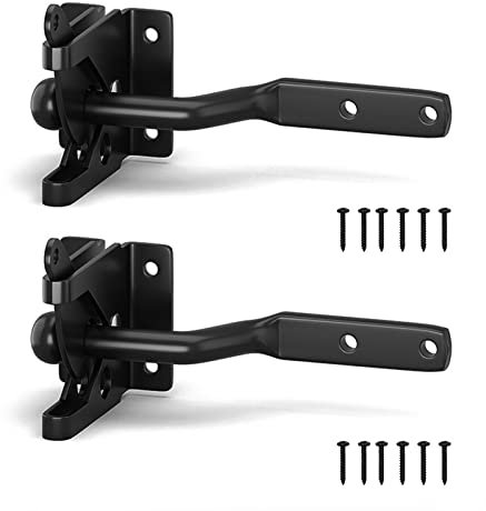 Forreen Torriegel Schwarz, 2 Stücke Gartentor Schloss Automatischer Gartentorverschluss Kohlenstoffstahl Schwerkrafthebel mit 12 Schrauben für Zäune, Gärten, Bauernhöfe