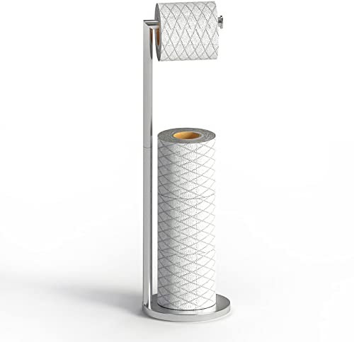 Top-spring Toilet Roll Holder Free Standing Toilet Paper Holder Stand with Reserve, Stainless Steel Anti Rust Freestanding Toilet Tissue Roll Dispenser Holds 3-4 Paper Rolls, Bathroom Storage (Silver)