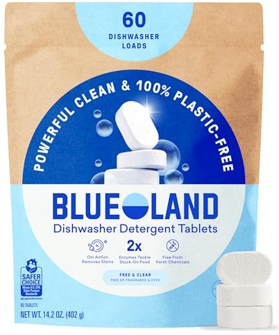 BLUELAND Lot de 60 tablettes de détergent pour lave-vaisselle 100 % sans plastique, gratuites et transparentes, respectueuses de l'environnement, coupent la graisse et se coincent sur les aliments, se