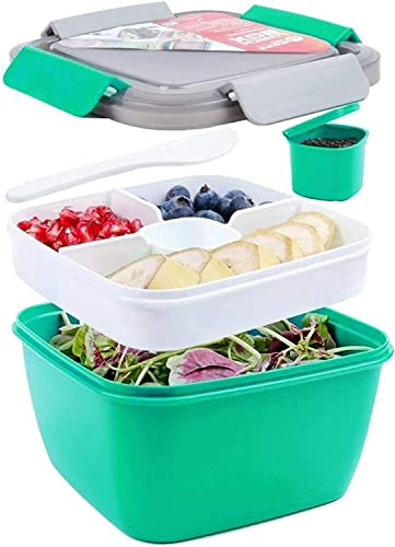 Greentainer Contenedor de almuerzo para ensalada de 58 onzas, sin BPA, 3 compartimentos para aderezos y aperitivos, ensaladera con recipiente, cuchara integrada, apto para microondas, verde