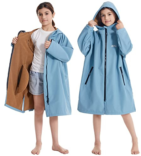 Hiturbo Kids Waterproof Swim Parka: Thin Fleece Lined Swimming Coat - Oversized Swimmer Jacket for Surf Swim Team (8-12Y, Blue)