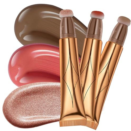 Ofanyia 3Pcs Blush Contour Highlighter Zauberstab, Flüssiger Glitter Face Highlighter Stick mit Cushion Applikator, Cruelty-free Silky Smooth Shimmer Highlighter Beauty Wand for Face Cheekbone Glow